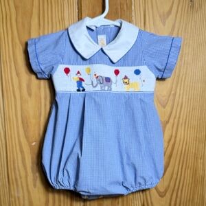 Anavini Boys Blue Gingham Smocked Circus Bubble ~ 12M
